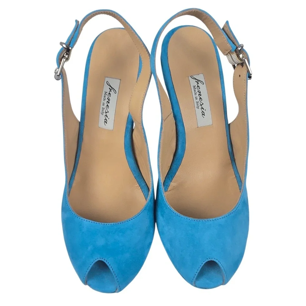 Luxury Turquoise Suede Peep-toe Platform Slingback Wedge Sandal Size 38 NIB $458